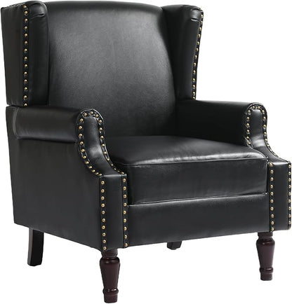 Faux Leather High Back Accent Chairs Set of 2, Upholstered Armchair for Living Room, Retro Wingback Arm Chair Nailhead Trim Single Sofa Bedroom Reading Seat with Solid Wood Legs - Black