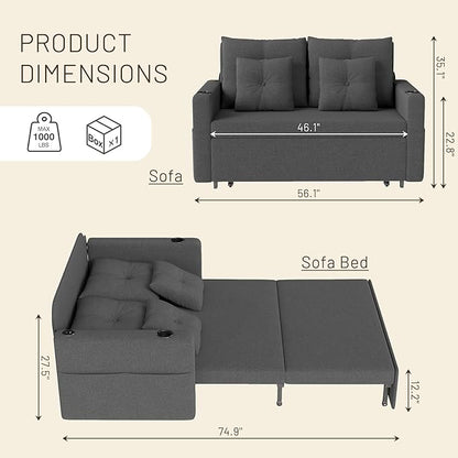 Krcix 3 in 1 Sofa Bed, 56 Inch Convertible Pull Out Couch, Loveseat Sleeper Sofa with Cup Holders, USB, Side Pockets, Multi-Function Couch Bed for Living Room, Apartment, Charcoal Grey