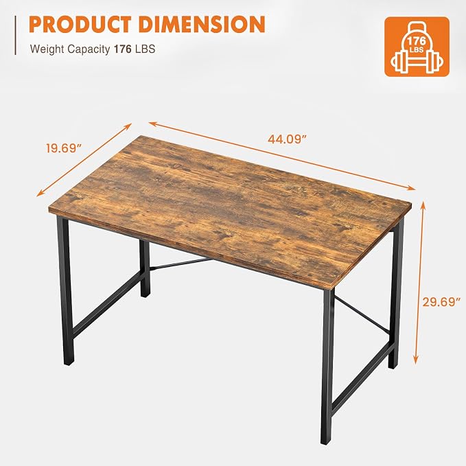 Sweetcrispy Computer Office Desk 44 Inch Small Student Study Gaming Writing Work Modern Simple PC Table for Bedroom, Home - Rustic Brown, Compact Sturdy Desk for Laptop, Study, Gaming