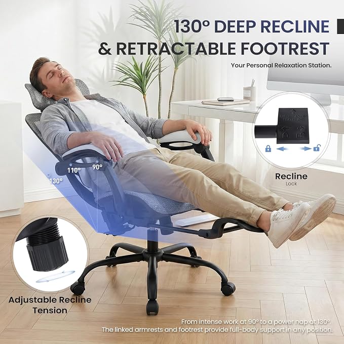 MALOL Ergonomic Mesh Office Chair with Footrest, Executive High Back Computer Desk Chair with 3D Adjustable Headrest & 5-Level Lumbar Support, Reclining Tilt Lock, 3D Arms, 300LBS Capacity, White