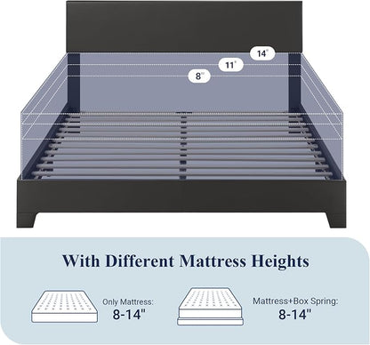Allewie Full Size Bed Frame with Adjustable Headboard, Faux Leather Platform Bed with Wood Slats, Heavy Duty Mattress Foundation, No Box Spring Needed, Noise-Free, Easy Assembly, Black