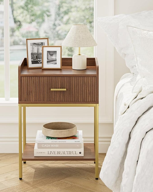 Nightstand, 3-Tier Bed Side Table, Small End Table, Night Stand with Open Shelf and Drawer, Bedside Table for Bedroom, Living Room, Walnut