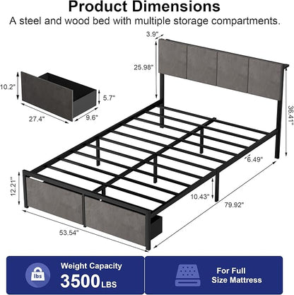 J.Fkne Full Bed Frame with Charging Station and LED Lights, Metal Platform Bed with 2 Storage Drawers, Upholstered Headboard, Noise Free, No Box Spring Needed, Easy Assembly
