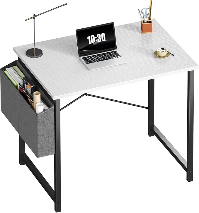 OLIXIS Small Computer Desk, 31 Inch Home Office Desks, Writing Study Craft Work Gaming Table, Computer Workstation for Bedroom Small Spaces with Storage Bag, White