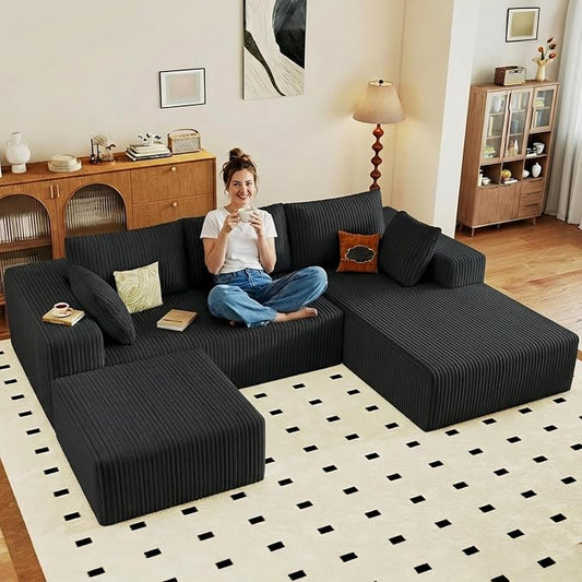 95" Cloud Sectional Couch U-Shaped Chaise with Ottoman, Corduroy Boneless Couch for Living Room Bedroom, Deep-Seat Upholstered Modular Cloud Sofa, No Assembly Required (Black, Right Facing Chaise)