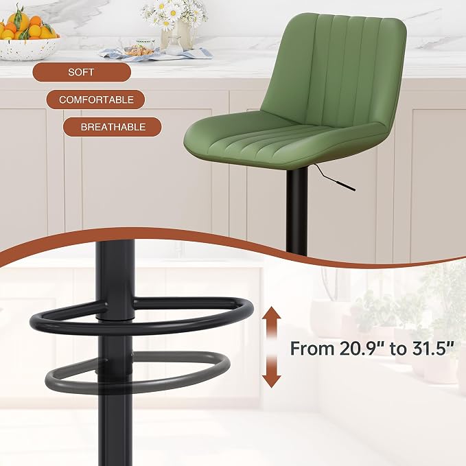JAMFLY Modern Leather Bar Stools – Swivel & Height-Adjustable Bar Chairs with Footrest, Ergonomic Design for Kitchen Island, Home & Commercial Bar – Set of 2, Green