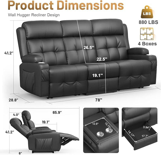 Loveseat Recliner Sofa, Home Theater Seating with Massage, 3 Seat Reclining Loveseats with Flip Backrest, Wall Hugger RV Couch Theater Chairs, RV Furniture Sofas with USB, Cup Holders for Gaming Room