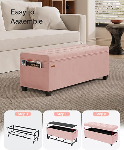ABHENG Velvet Storage Ottoman Bench with Legs - 770 lb Capacity, 15.7"L x 43"W x 15.7"H for Bedroom, Living Room, Entryway - Jelly Pink