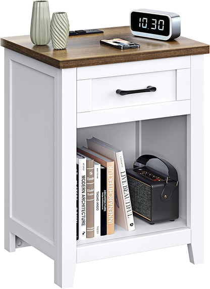 Decofy Farmhouse Nightstand with Charging Station & Large Storage, Modern End Tables with Outlets, USB Ports and Type-C Ports, Easy Assembly for Bedroom (Pure White + Walnut)