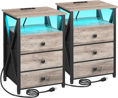 AMHANCIBLE Nightstands Set of 2, LED Night Stand with Charging Station, End Side Tables with USB Port & Outlet, Bedside Table with 3 Fabric Drawers for Bedroom, Greige, HET053LGY