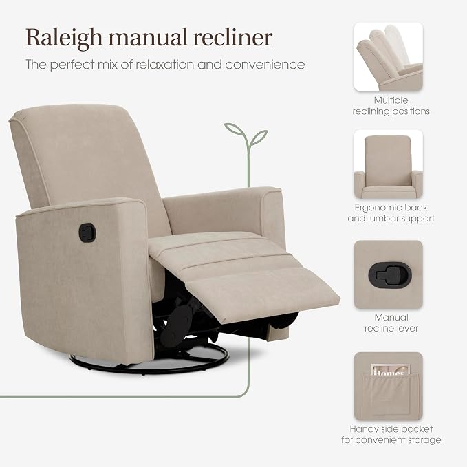Evolur Raleigh Upholstered Manual Glider Recliner– Rocking & 360° Swivel with Smooth Glide – Greenguard Gold & FSC Certified – Modern Nursery and Living Room Chair in Tan
