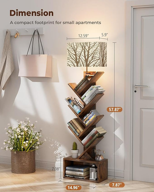 Evermagin Tree Bookshelf with Light, 6 Tier Small Bookcase, Narrow Floor Standing Book Tower Organizer with Storage Cabinet for Living Room, Bedroom and Home Office, Rustic Brown