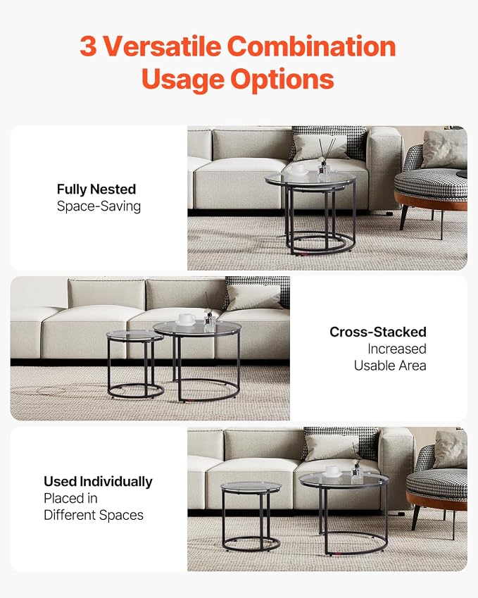 VEVOR Nesting Coffee Table Set of 2, 23.6 in Round Coffee Table, Glass Nesting Tables for Small Place, Modern End Side Tables Night Stand with Metal Frame, for Living Room, Bedroom, Balcony, Office