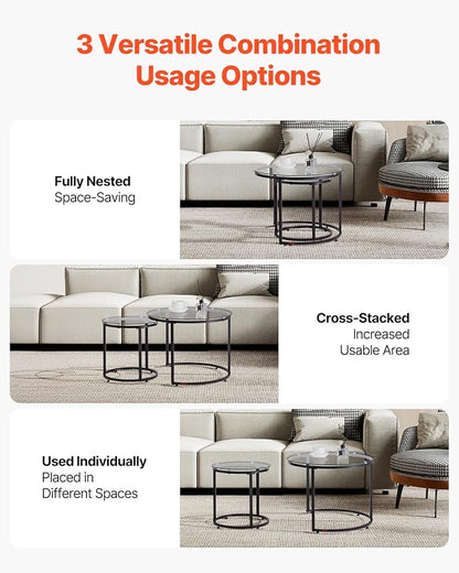 VEVOR Nesting Coffee Table Set of 2, 23.6 in Round Coffee Table, Glass Nesting Tables for Small Place, Modern End Side Tables Night Stand with Metal Frame, for Living Room, Bedroom, Balcony, Office
