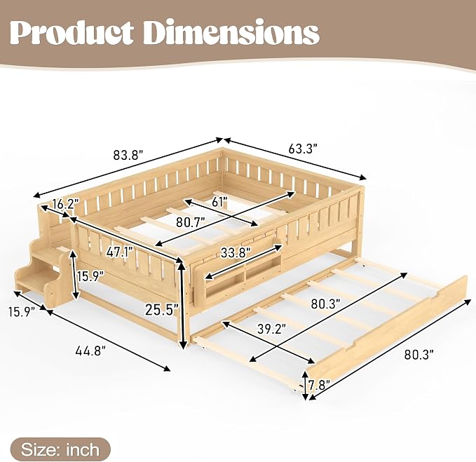 Bellemave Queen Kids Montessori Bed with Stairs, Bookshelf and Trundle, Solid Wood Kids Bed Frame with Storage for Boys Girls, Low Profile,Light Natural