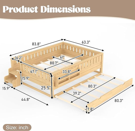 Bellemave Queen Size Kids Bed with high Rails and with Built-in Bookshelf and Trundle for Kids, Girls, Boys, Wood Montessori Bed Without Door, Light Natural