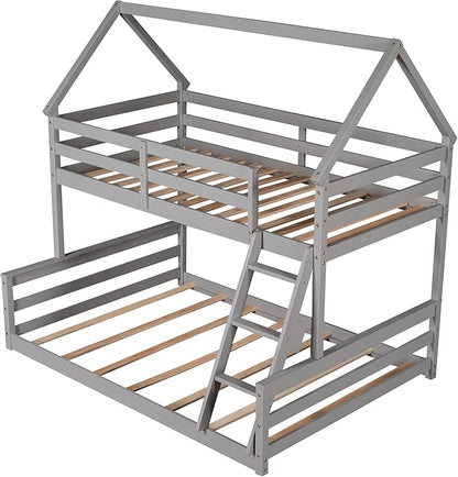 Merax House Floor Bunk Bed with Ladder Twin Over Full,Wood Low Bunk Bed for Kids Juniors, Space-Saving,No Box Spring Needed Gray
