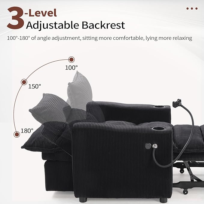 HAOMARKETS Corduroy Sleeper Sofa Bed with 2 Cup Holders, 3-in-1 Convertible Pullout Futon Couch with Phone Holder&USB Charge Port, Single Chair with 3-Level Adjustable Backrest for Living Room
