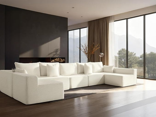 168" Cloud Sectional Couch, Comfort U Shaped Sofa for Living Room, Extra Deep Seats No Assembly, Minimalist Modular Couch, Corduroy (Cream, 7 Seats,U-Shape B)