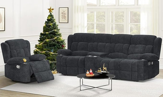 Dresegmt Recliner Sofa Set with Console, Flip Middle Backrest Design 3 Seater Reclining Sofa and Single Recliner Chair, Manual Couches for Living Room (Grey, 3 Seat+Console+1)