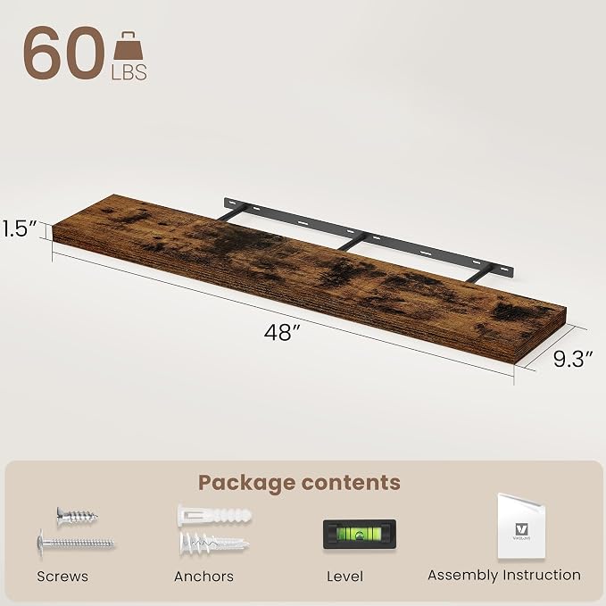 Vivelove Floating Shelves for Wall Mounted, 48 Inches Long Shelves, Display Shelf for Bathroom Living Room Kitchen Bedroom Office Farmhouse Home Decor, 48" X 9.3" X 1.5" - Set of 2, Rustic Brown