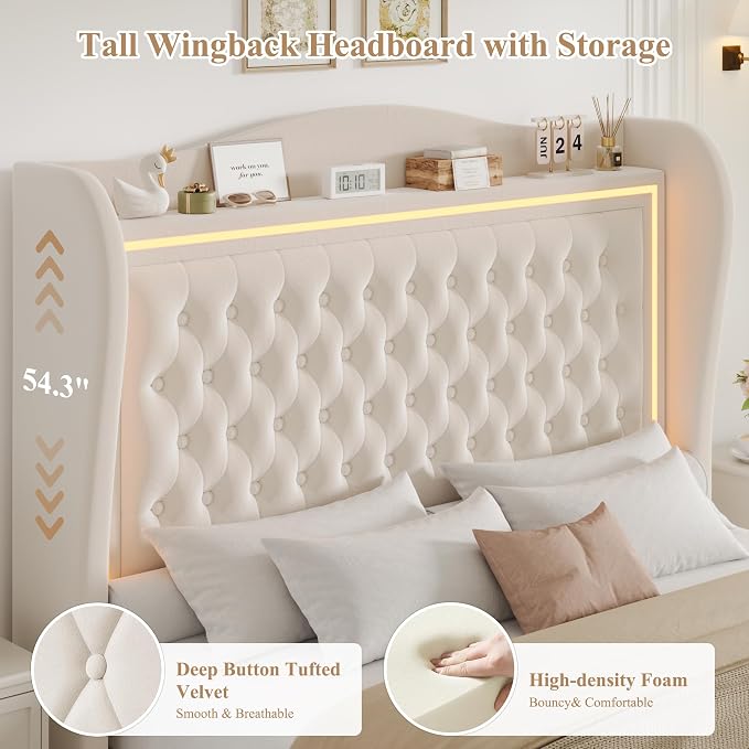 King Bed Frame 55" Tall Headboard with LED Lights, Buttons Tufted Velvet Upholstered Platform Bed Frame with 2 Storage Drawers, Wood Slats Support Mattress Foundation, No Box Spring Needed, Beige