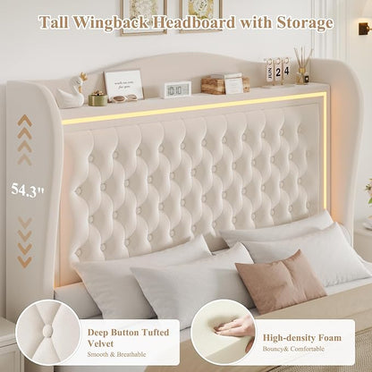 King Bed Frame 55" Tall Headboard with LED Lights, Buttons Tufted Velvet Upholstered Platform Bed Frame with 2 Storage Drawers, Wood Slats Support Mattress Foundation, No Box Spring Needed, Beige