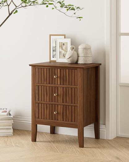 Nightstand Vintage, Fluted Night Stand Tall Farmhouse Beside Table with 3 Drawers, Mid Century Modern Side Accent Table,Bedside End Table for Bedroom, Walnut