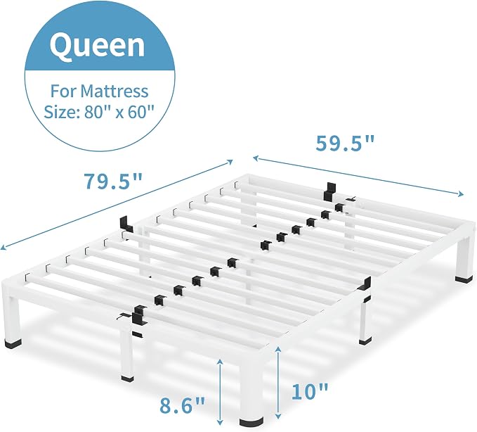 VIPSHOW 10 Inch White Queen Bed Frame, 3500Lbs Heavy Duty Metal Platform with Round Corner Legs Mattress Slide Stopper, Steel Slat Support No Box Spring Needed, Noise Free, Non-Slip, Easy Assembly