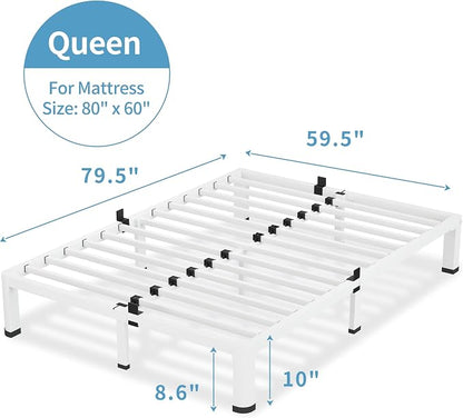 VIPSHOW 10 Inch White Queen Bed Frame, 3500Lbs Heavy Duty Metal Platform with Round Corner Legs Mattress Slide Stopper, Steel Slat Support No Box Spring Needed, Noise Free, Non-Slip, Easy Assembly