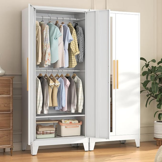 72" Tall Metal Armoire Wardrobe Closet - Large Clothing Storage Cabinet with Mirror Doors, 2 Hanging Rod & Adjustable Shelve - Closet Organizer for Bedroom, Office, Laundry Room, Garage - White