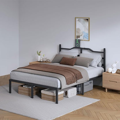 SHOANED 14 Inch Metal Bed Frame - Full Size Heavy Duty Bedframe with Charging Station & Headboard Basic Steel Slats Platform No Box Spring Needed/Easy Assembly/Noise Free