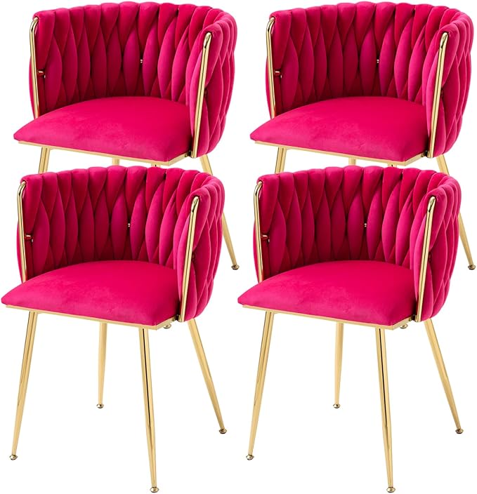Velvet Dining Chairs Set of 4, Modern Upholstered Dining Room Chairs with Golden Metal Legs and Woven Backrest for Dining Room, Kitchen, Vanity, Living Room (Rose Red)