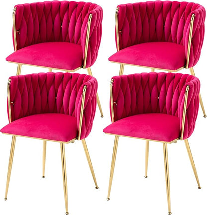 Velvet Dining Chairs Set of 4, Modern Upholstered Dining Room Chairs with Golden Metal Legs and Woven Backrest for Dining Room, Kitchen, Vanity, Living Room (Rose Red)