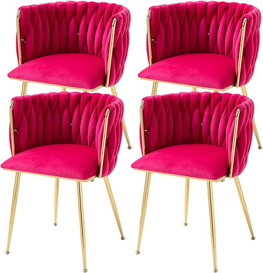 Velvet Dining Chairs Set of 4, Modern Upholstered Dining Room Chairs with Golden Metal Legs and Woven Backrest for Dining Room, Kitchen, Vanity, Living Room (Rose Red)
