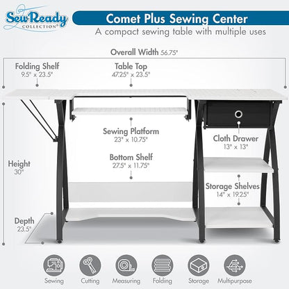 Sew Ready Comet Plus Craft Sewing Table, 56.75 x 23.5" Overall Platform Size with Accurate Fabric Cutting Grid-Top and Storage Drawer, Black/White