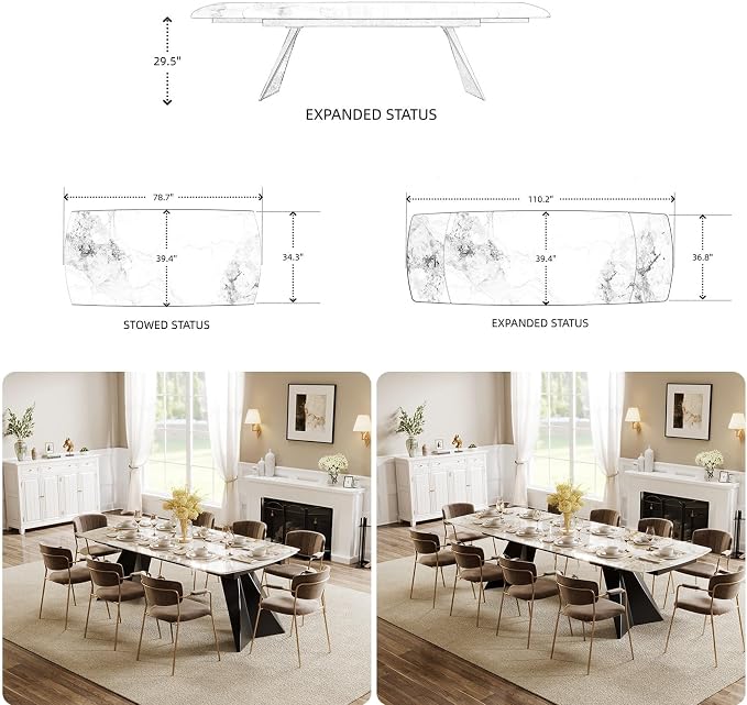 Honyee Extendable Dining Table with Leaf, 78 to 110 Inch Rectangular Sintered Stone, Modern Large Dining Room Table Seats 6 8 10 12, Metal Base, Marble Look for Family Gatherings