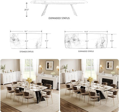 Honyee Extendable Dining Table with Leaf, 78 to 110 Inch Rectangular Sintered Stone, Modern Large Dining Room Table Seats 6 8 10 12, Metal Base, Marble Look for Family Gatherings