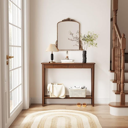 AQIMUELE Wood Console Table with Drawers, Walnut
