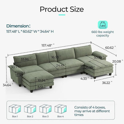LINSY HOME 157'' Modular Sectional Sofa 4 Seat Couch Corduroy Cloud Couch with Deep Seat, Modern U-Shaped Cloud Couch with 2 Movable Ottoman for Living Room, Office, Bedroom, Green