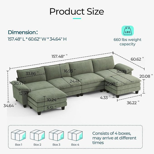 LINSY HOME 157'' Modular Sectional Sofa 4 Seat Couch Corduroy Cloud Couch with Deep Seat, Modern U-Shaped Cloud Couch with 2 Movable Ottoman for Living Room, Office, Bedroom, Green