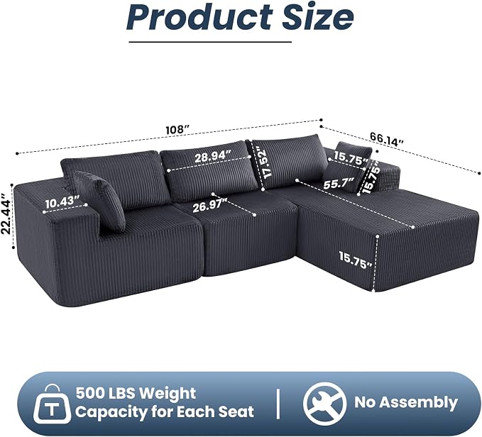 DUMOS 108" L-Shaped Sectional Boneless Couch for Living Room, Upholstered Corduroy Sofa with Deep Seat for Small Apartment, Bedroom, No Assembly in a Box, Right Facing Chaise, Grey