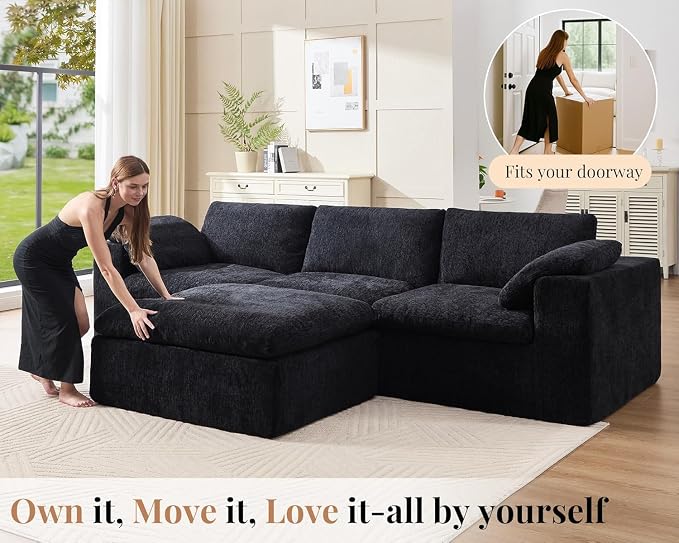 Jocisland 153" Cloud Couch Sectional, No-Assembly Modular Sectional Sofa with 76.4 inch Deep Chaise, Oversize Cloud Couch for Living Room, Black Chenille