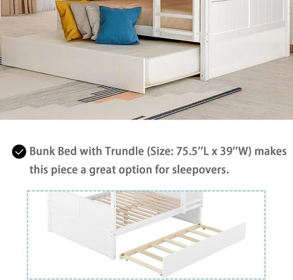 Merax Trundle Bunk Bed, Full Over Full Wood Bunk Bed with Twin Size Trundle, Guardrail and Ladder, Can be Separated into 2 Beds, White