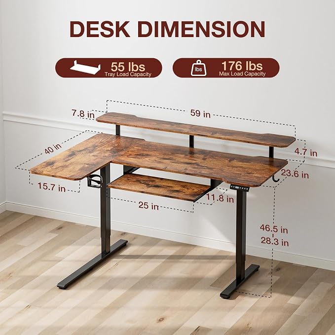 Acrolix 59 Inch L Shaped Standing Desk with Shelves and Keyboard, Electric Corner Standing Desk Adjustable Height, Sit Stand Computer Table with Reversiable Splice Board，Rustic Brown