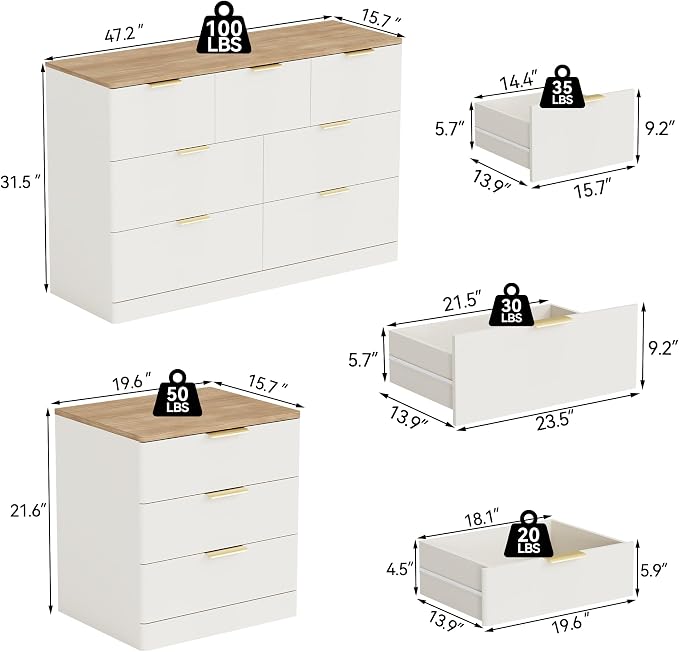 3 Pieces of Dresser and Nightstand Set,47.2" Width 7-Drawer Dresser & 3-Drawer Nightstands Set of 2 w/Gold Metal Handle, Modern Design for Bedroom,White & Brown