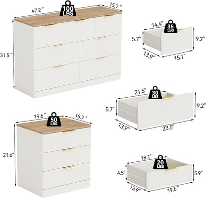3 Pieces of Dresser and Nightstand Set,47.2" Width 7-Drawer Dresser & 3-Drawer Nightstands Set of 2 w/Gold Metal Handle, Modern Design for Bedroom,White & Brown