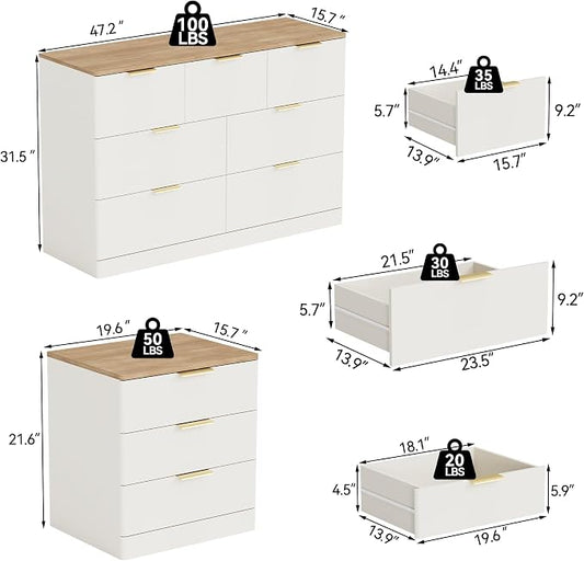 3 Pieces of Dresser and Nightstand Set,47.2" Width 7-Drawer Dresser & 3-Drawer Nightstands Set of 2 w/Gold Metal Handle, Modern Design for Bedroom,White & Brown