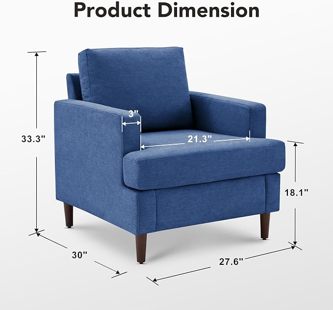 Weture Mid-Century Accent Chair,Modern Linen Fabric Armchair for Living Room,Comfy Upholstered Reading Accent Chairs for Bedroom,Single Sofa Chair with Wood Legs (Blue, 1 Pack)