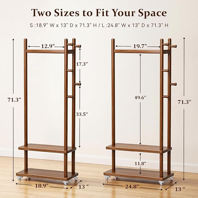 Taitiy Coat Rack Freestanding Clothing Rack with Wheels, Coat Tree Freestanding Heavy Duty with 2 Storage Shelves and 5 Hooks, Wood Garment Rack for Corner Bedroom Hallway Entryway Living Room Hotel